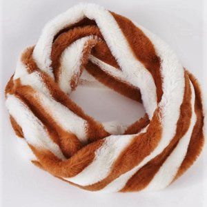 Striped Fuzzy Infinity Scarf - Rust Brown/Ivory